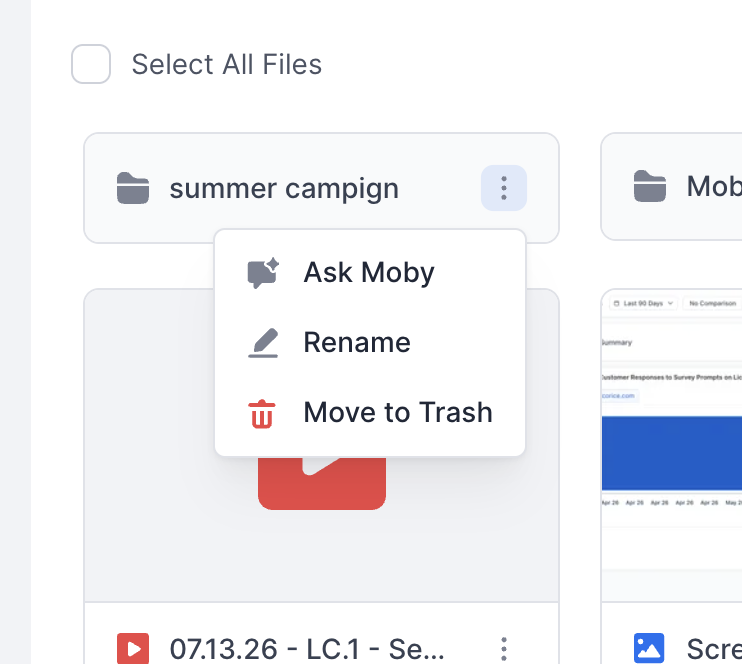 Files Manager showing a folder-level Ask Moby action for bulk file workflows