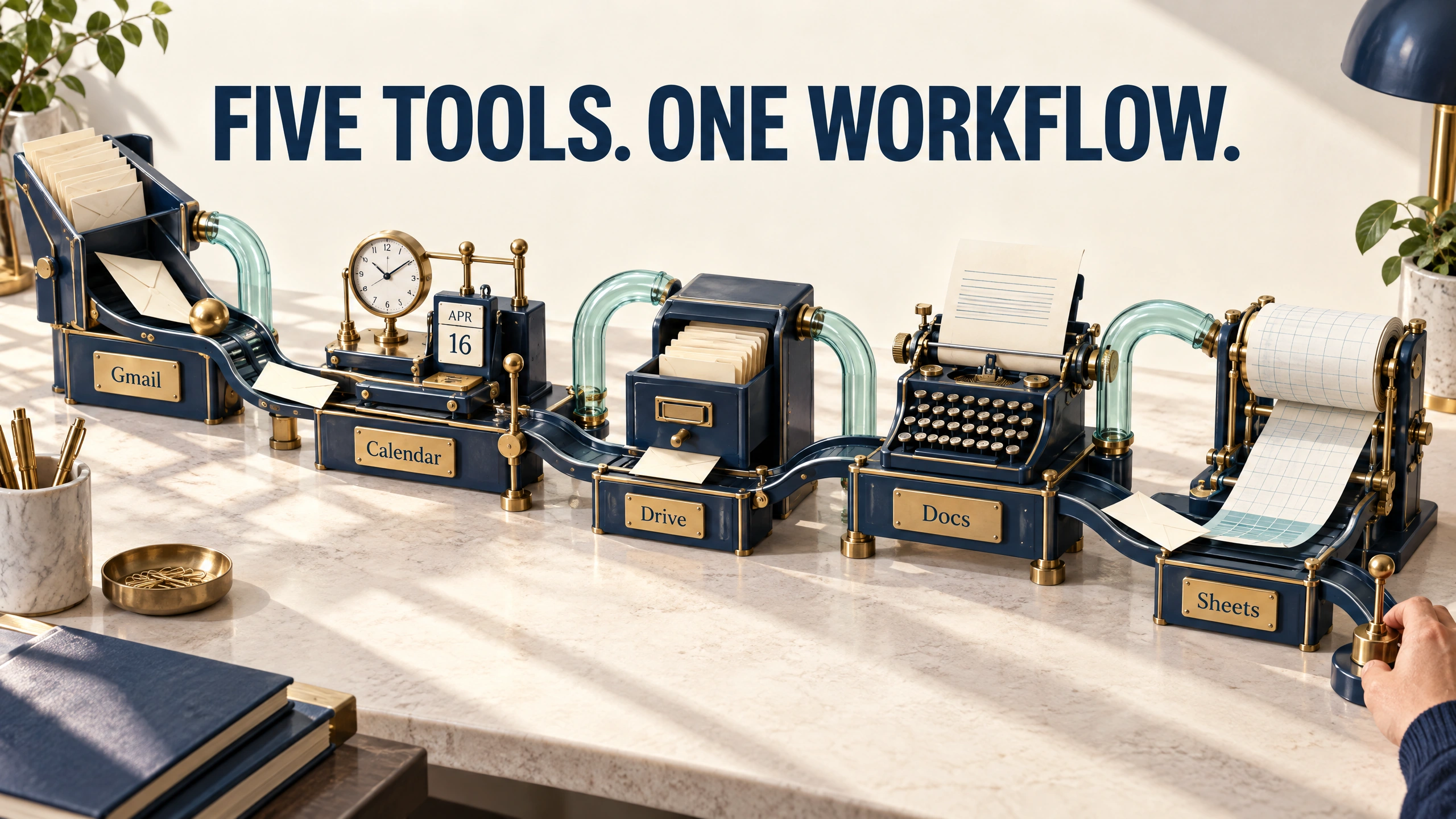 A mechanical tabletop workflow connects five stations labeled Gmail, Calendar, Drive, Docs, and Sheets