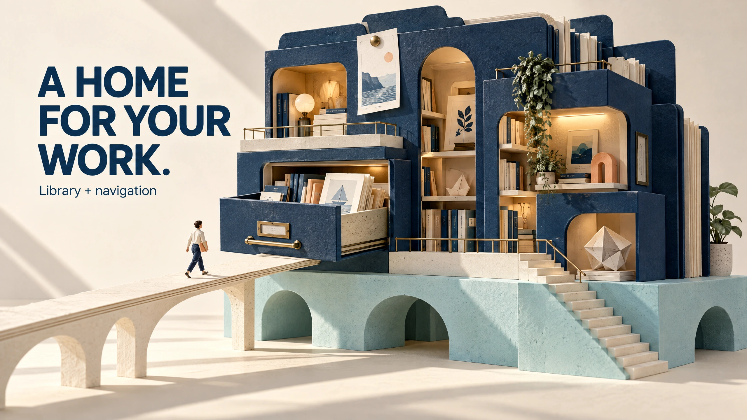 A miniature folder-and-drawer library with an operator crossing a paper bridge into an organized home for work