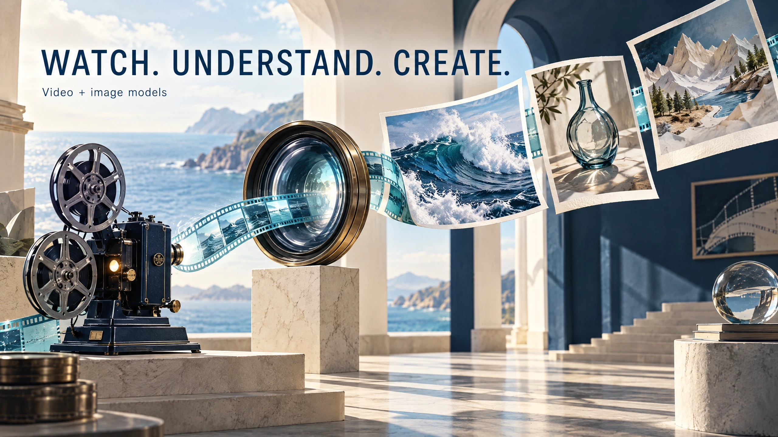 A cinematic projector sends a filmstrip through a large lens into floating ocean, product, and paper-landscape prints