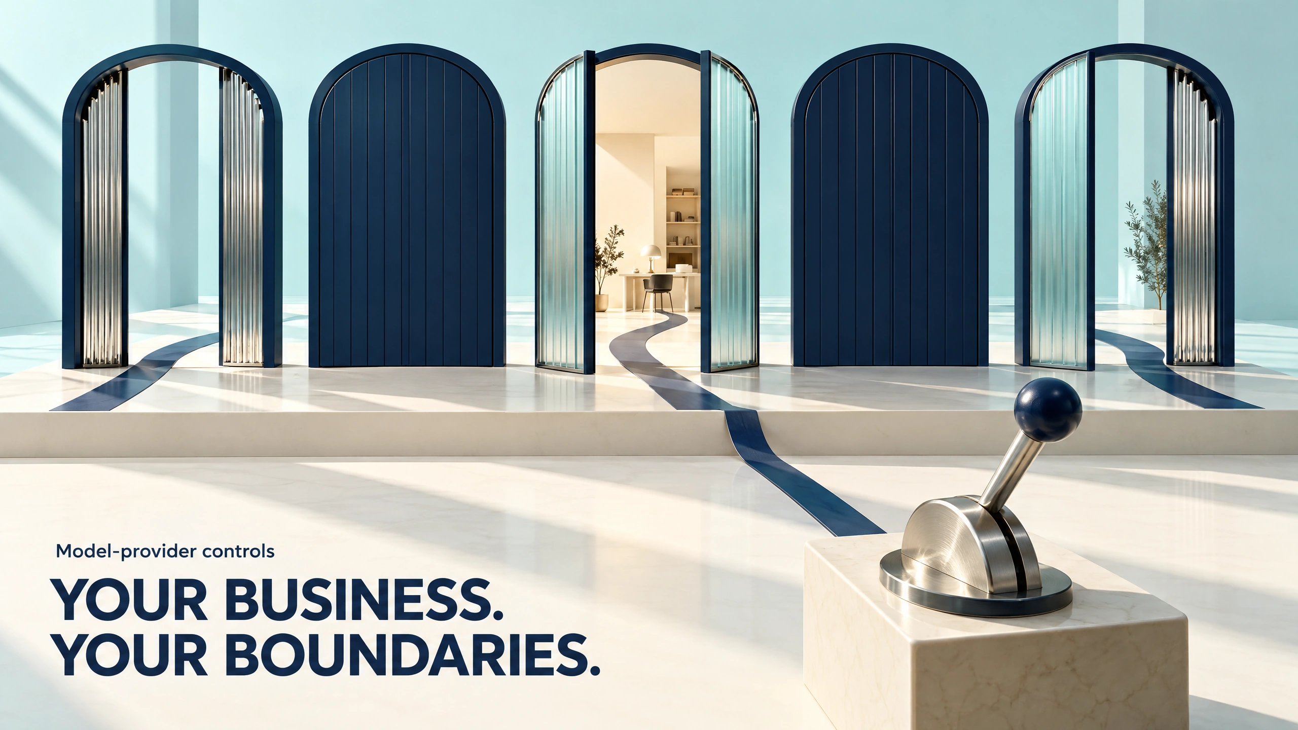 A sculptural row of open and closed architectural gates routes work through selected paths