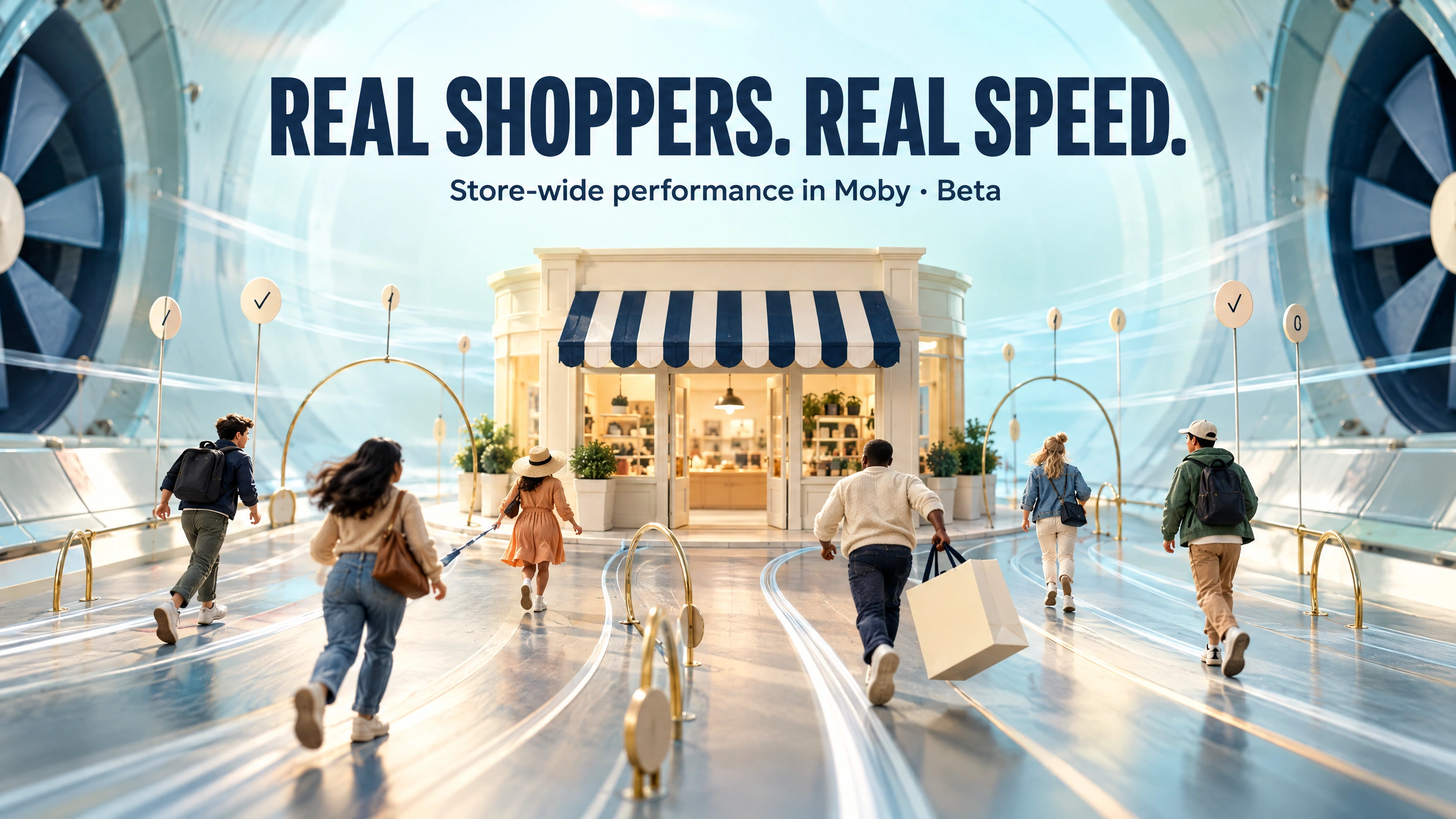 Real shoppers move toward a miniature storefront inside an architectural measurement tunnel