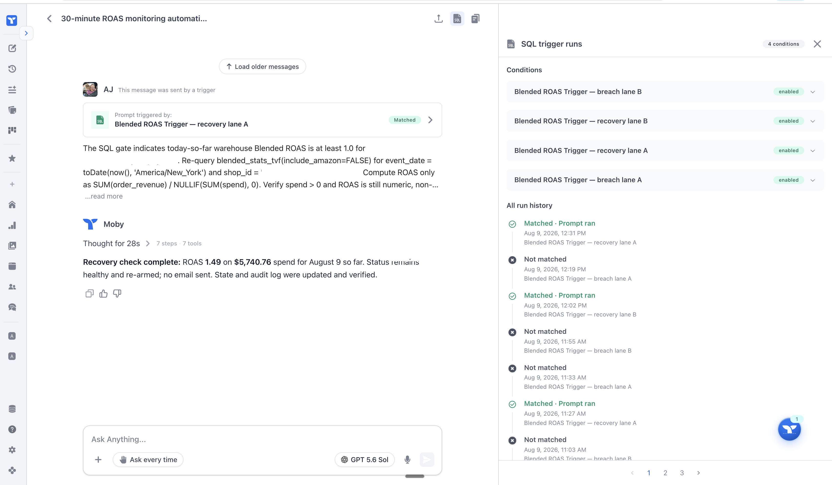 Moby automation builder with a SQL trigger