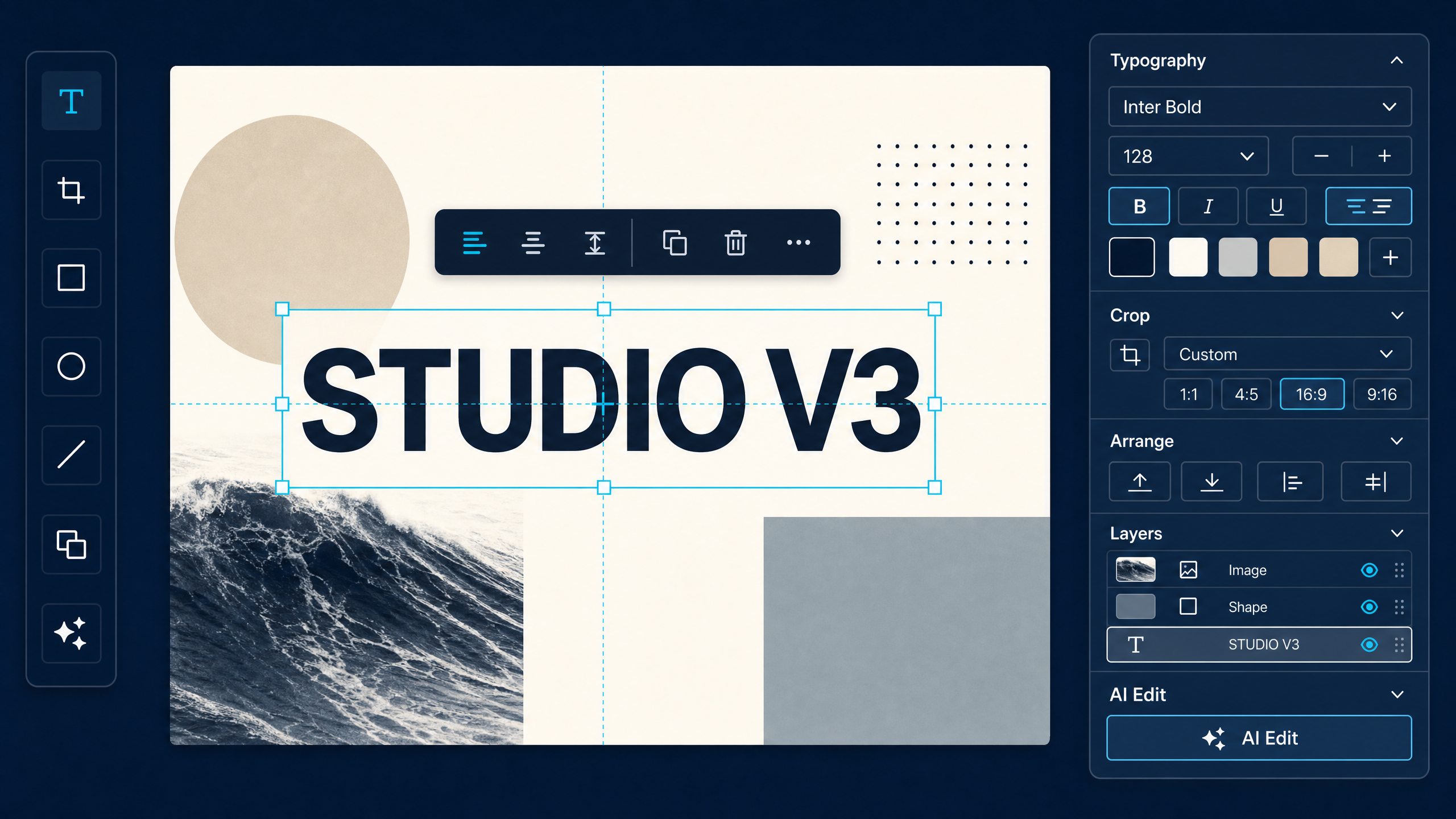 Illustration of Studio V3 typography, crop, arrange, layers, and AI Edit controls