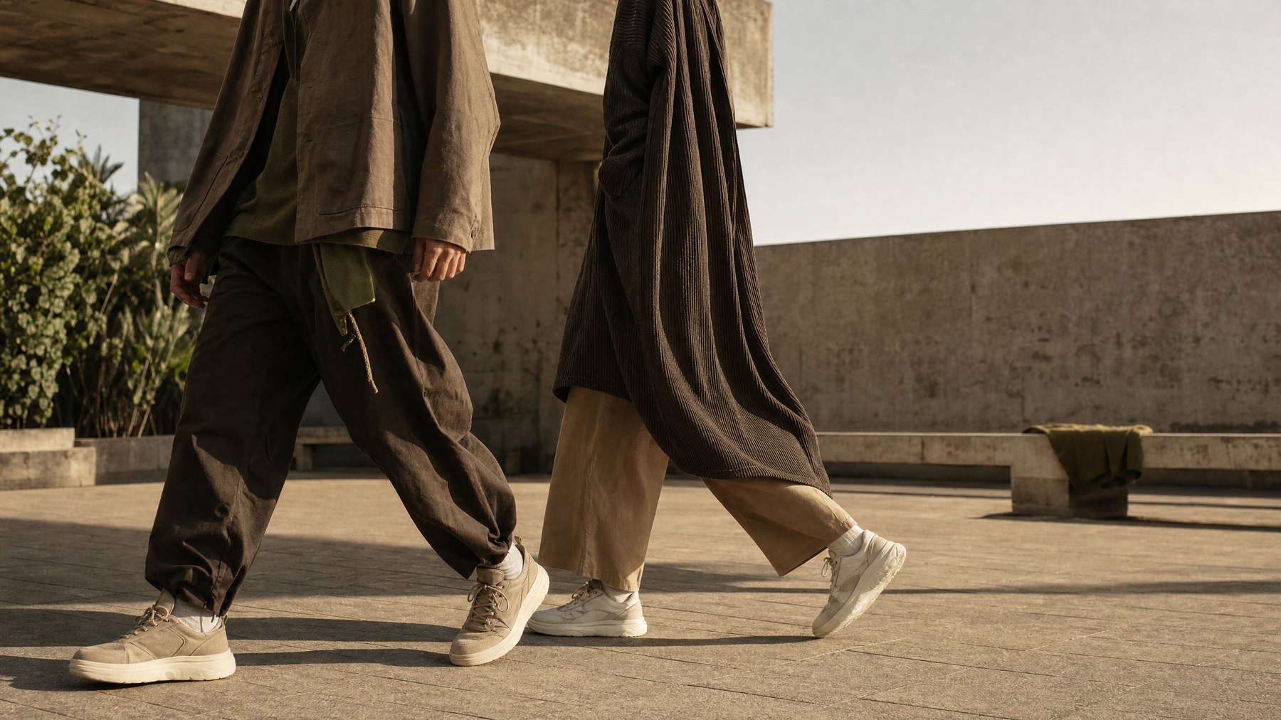 Streetwear silhouettes crossing warm concrete in afternoon light
